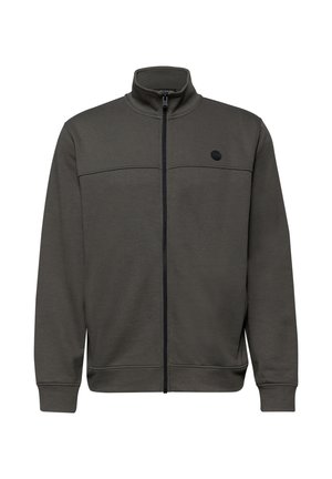 Donkergrijs jack met volledige ritssluiting, opstaande kraag, lange mouwen, geribbelde boorden en een klein rond logo op de linkerborst.