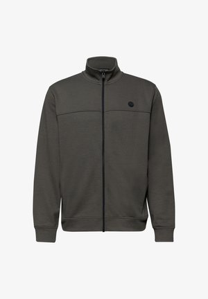 Donkergrijs jack met volledige ritssluiting, opstaande kraag, lange mouwen, geribbelde boorden en een klein rond logo op de linkerborst.