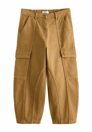 Brown cropped cargo pants with side flap pockets, front slash pockets, belt loops, button closure, and visible seam detailing.