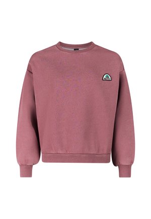 Mauve crewneck sweatshirt met geribde boorden aan mouwen en zoom, voorzien van een klein "Protest" logo-patch op de linkerborst.