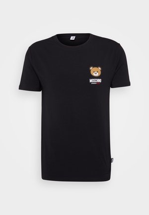 Black cotton t-shirt featuring a stitched bear graphic on the left chest and "MOSCHINO UNDERWEAR" text in red and white below it.