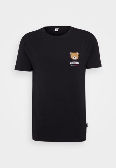 T-shirt en coton noir avec un graphique de ours brodé sur la poitrine gauche et le texte "MOSCHINO UNDERWEAR" en rouge et blanc en dessous.