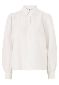 Witte blouse met knopen, voorzien van een klassieke kraag, lange pofmouwen en elastische manchetten, gemaakt van lichte stof met een gladde textuur.