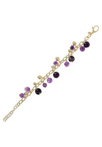 Bracciale in catena d'oro con perline viola e nere. Le perline variano in dimensione e sono intervallate da finiture in oro texturizzato.