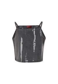 Top corto grigio metallico con motivo a rete quadrato, spalline sottili e logo rosso Diesel al centro. Struttura liscia e riflettente.