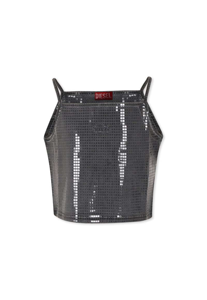 Top corto grigio metallico con motivo a rete quadrato, spalline sottili e logo rosso Diesel al centro. Struttura liscia e riflettente.