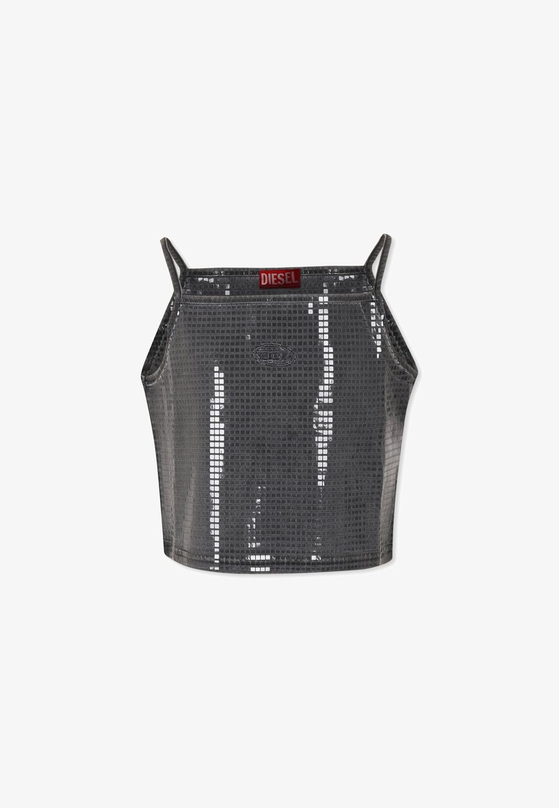 Top corto grigio metallico con motivo a rete quadrato, spalline sottili e logo rosso Diesel al centro. Struttura liscia e riflettente.