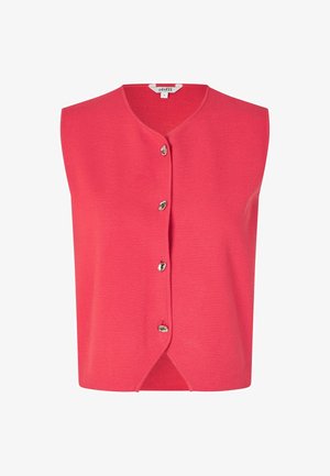 Gilet corail à manches courtes en tissu tricoté, avec un col en V, une fermeture à boutons sur le devant avec des accents argentés et un ourlet droit.