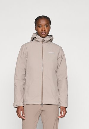 Beige waterproof jacket with a hood, front zip closure, and side pockets. Smooth texture and minimalistic design with logo on the chest.