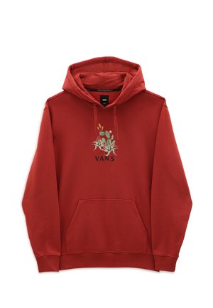 Sweat à capuche rouge avec poche avant, cordons et un petit motif vert de cactus et plante succulente au-dessus du logo noir "VANS" sur la poitrine.