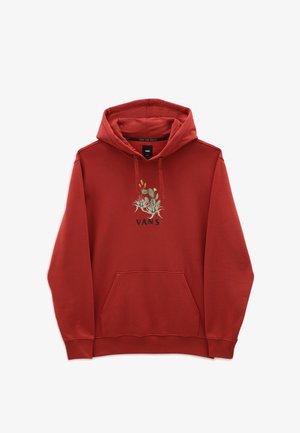 Sweat à capuche rouge avec poche avant, cordons et un petit motif vert de cactus et plante succulente au-dessus du logo noir "VANS" sur la poitrine.