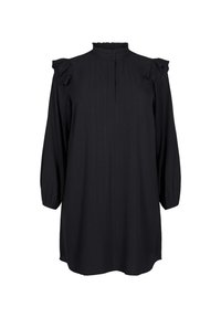 Vestido negro de manga larga con acentos de volantes en los hombros, cuello alto y una sutil textura de rayas verticales. Cierre de botones en el escote delantero.