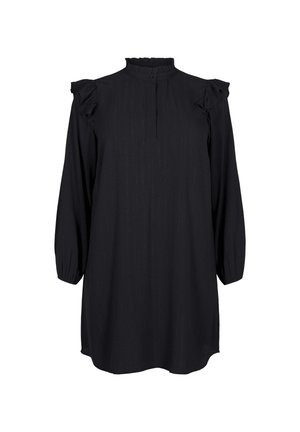 Schwarzes Langarmkleid mit Rüschen an den Schultern, hohem Kragen und subtiler vertikaler Streifenstruktur. Knopfverschluss am Vorderkragen.