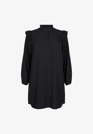 Čierne dlhé rukávy šaty s volánovými akcentmi na pleciach, vysokým golierom a jemnou vertikálnou pruhovanou textúrou. Zapínanie na gombíky na prednom výstrihu.