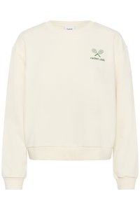 Felpa color crema con maniche lunghe, polsini e orlo a coste. Presenta la scritta verde "racket club" e una grafica di racchette da tennis incrociate.