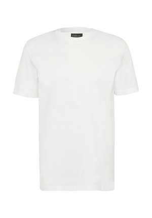 T-shirt en coton blanc avec col rond, manches courtes et coupe droite. Présente une étiquette logo au niveau du col. Texture lisse sur l'ensemble.