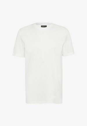 T-shirt bianca in cotone con scollo rotondo, maniche corte e taglio dritto. Presenta un'etichetta con logo sul colletto. Texture liscia in tutto il tessuto.