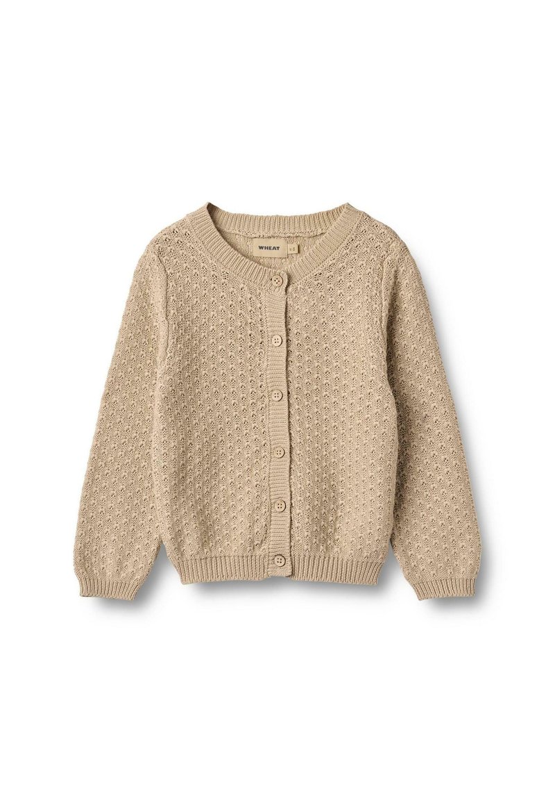 Beige gebreide cardigan met een gestructureerd patroon, ronde halslijn en knopen aan de voorkant. Ribbel manchetten en zoom geven structuur.