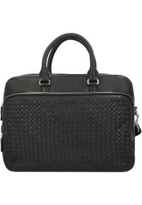 Zwarte leren tas met een geweven structuur aan de voorkant, dubbele handvatten en een ritssluiting; inclusief een afneembare schouderriem.