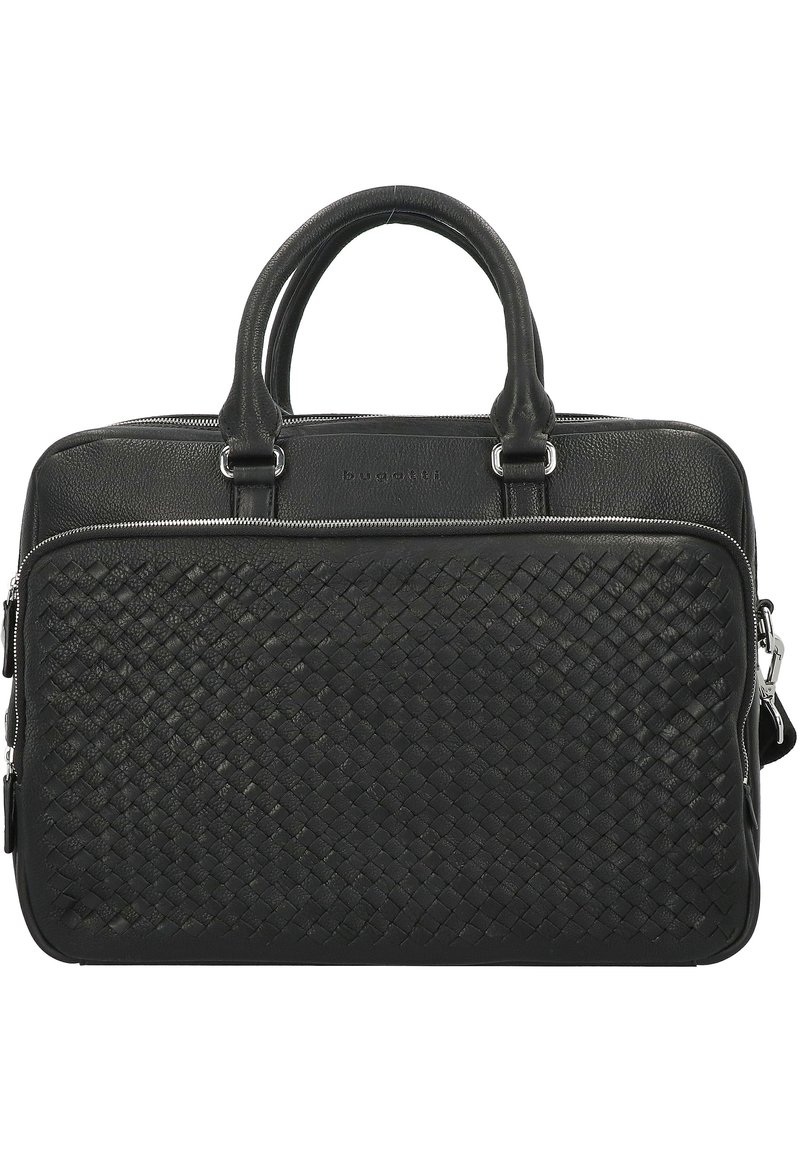 Zwarte leren tas met een geweven structuur aan de voorkant, dubbele handvatten en een ritssluiting; inclusief een afneembare schouderriem.