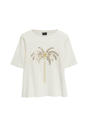 Chemise blanche à manches courtes avec un col rond, ornée d’un motif de palmier en sequins dorés et noirs sur le devant.