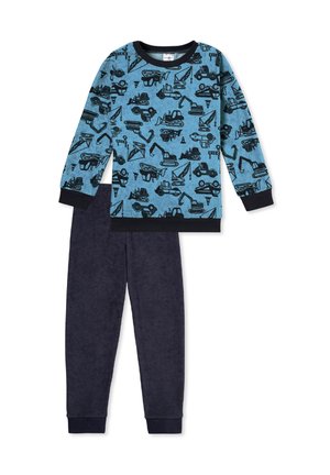 Hellblaues Langarmoberteil mit Druck eines schwarzen Baufahrzeugs; marineblaue weiche Hose mit elastischem Bund und Bündchen.
