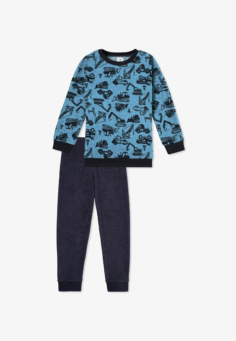 Light blue long-sleeve top with black construction vehicle print; navy soft pants with elastic waistband and cuffs.