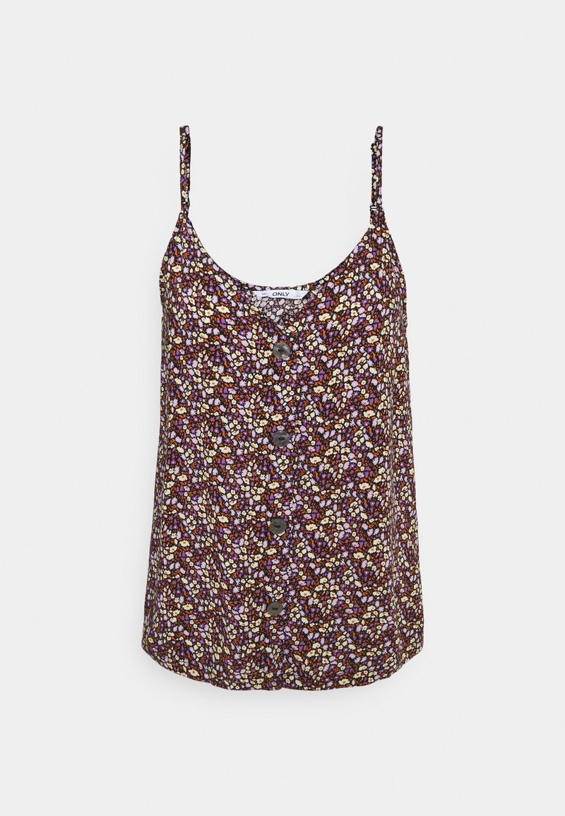 Camisole florale en violet foncé avec de petites fleurs multicolores. Dotée de bretelles fines et de cinq boutons sur le devant. Texture de tissu douce.