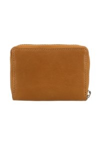 Brown leather wallet with a zip closure, rectangular shape, smooth texture, and stitching detail along the edges.