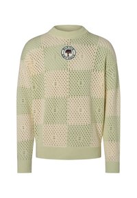 Pull en tricot vert clair avec un motif à carreaux, doté d'un col rond et d'une patch logo. Le matériau présente une texture perforée.