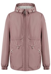 Jasnoróżowa wodoodporna kurtka z kapturem, zapinana z przodu na zamek, z dwiema bocznymi kieszeniami oraz możliwość regulacji w pasie i przy kapturze za pomocą sznurków. Gładka tekstura.