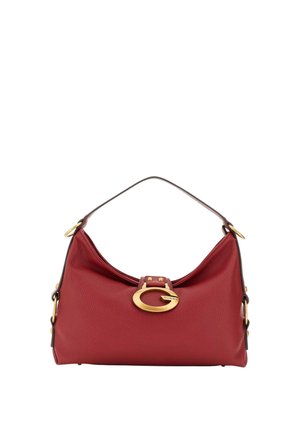 Borsa a mano in pelle rossa con forma curvata, dotata di una chiusura e dettagli in metallo dorato. Texture liscia e una singola tracolla.