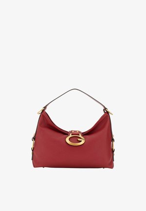 Borsa a mano in pelle rossa con forma curvata, dotata di una chiusura e dettagli in metallo dorato. Texture liscia e una singola tracolla.