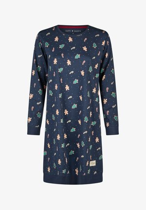 Nachtjurk met lange mouwen in marineblauw met een herhalend patroon van peperkoekmannetjes, kerstbomen en zuurstokken. Gemaakt van katoen, comfortabele pasvorm.