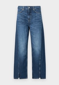 Jeans z szerokimi nogawkami w średnim niebieskim odcieniu, z klasycznym pięciopunktowym designem, metalowym zapięciem na guzik oraz rozcięciami po bokach u dołu.