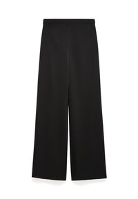 Pantaloni neri a gamba larga realizzati in morbido tessuto con vita elastica. Presentano un design pulito e una texture liscia, senza accentuazioni o motivi visibili.