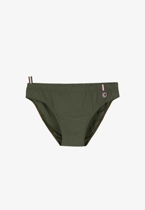 Pánské plavky v olivově zelené barvě s elastickým pasem, dvěma malými textilními proužky v červené, bílé a černé barvě a kulatým logem na pravé straně.