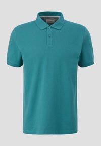 Polo-paita teal-värissä, valmistettu teksturoidusta puuvillasta, jossa on kaulus, kolme napinläpeä ja huomaamaton logo rinnassa. Lyhyt hiha.