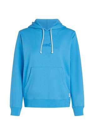 Blue hoodie made of soft fabric featuring a front pocket, drawstring hood, and a small embroidered logo. Ribbed cuffs and hem.