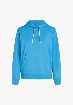 Blue hoodie made of soft fabric featuring a front pocket, drawstring hood, and a small embroidered logo. Ribbed cuffs and hem.