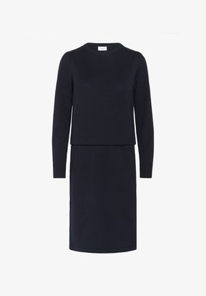 Marineblaues Strickkleid aus gestricktem Stoff. Verfügt über lange Ärmel, einen runden Ausschnitt und ein geschichtetes Design mit gerader Passform.