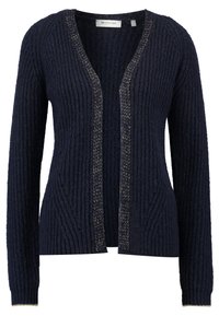 Cardigan a coste in maglia blu navy con scollo a V, apertura frontale e bordo con accento metallico. Tessuto strutturato con maniche lunghe.