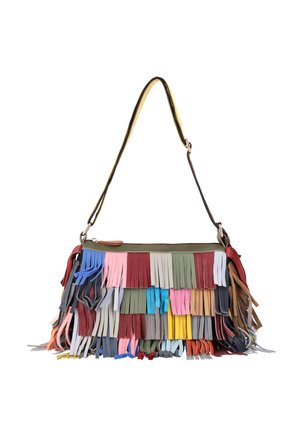 Piccola borsa a mano con strati di frange di pelle multicolore in blu, rosso, rosa, verde, giallo e marrone, e una sottile tracolla regolabile.
