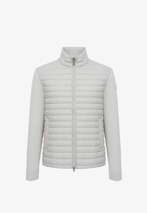 Lichtgrijze doorgestikte jas met volledige ritssluiting aan de voorkant, staande kraag en zijzakken, met geribbelde manchetten en gladde mouwen.