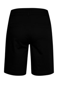 Black shorts made of smooth fabric. Features a mid-rise waistband, back pockets, and a straight leg design. No visible patterns or accents.