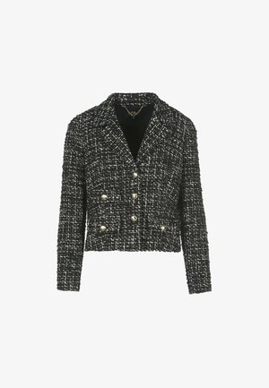 Black and white tweed jacket with a cropped design, double-breasted front, gold-tone buttons, and a notched collar. Textured fabric finish.