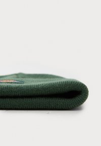 Bonnet en tricot vert foncé, replié au bord, avec une finition texturée et un petit emblème à l'avant. Matériau doux, forme arrondie.