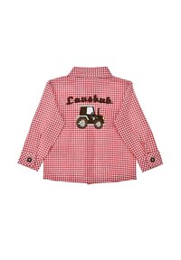 Rot-weiß karierter Langarmhemd mit Kragen, versehen mit einem gestickten Traktor-Design und dem Wort "Landsbau" auf dem Rücken.