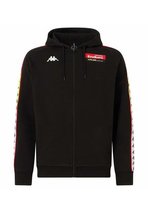 Felpa nera con zip in morbido tessuto, con toppa del logo frontale, vivaci dettagli a righe sulle maniche e cappuccio con coulisse.