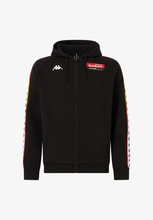 Felpa nera con zip in morbido tessuto, con toppa del logo frontale, vivaci dettagli a righe sulle maniche e cappuccio con coulisse.